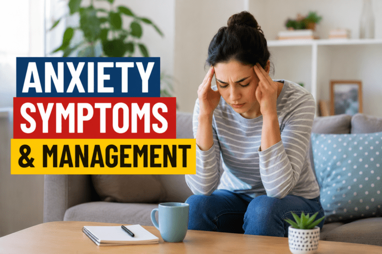 A person sitting in a comfortable living room showing signs of anxiety on one side and appearing calm and relaxed on the other, illustrating anxiety symptoms and effective management techniques. The scene includes natural lighting, indoor plants, a journal, and a cup of tea, representing mental wellness and stress relief.