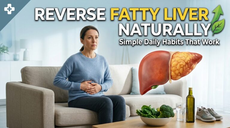 A photorealistic YouTube thumbnail showing a middle-aged adult holding the upper right side of their abdomen with a concerned expression, alongside a medically accurate 3D illustration of a healthy liver and a fatty liver. The bright, modern healthcare background includes fresh vegetables, olive oil, a glass of water, and walking shoes to represent healthy lifestyle changes. Bold text reads "Reverse Fatty Liver Naturally" with the subtitle "Simple Daily Habits That Work." The image highlights fatty liver disease, liver health, non-alcoholic fatty liver disease (NAFLD), healthy diet, weight loss, exercise, and natural liver recovery. High-quality medical education thumbnail designed for YouTube, optimized for searches related to fatty liver symptoms, causes, prevention, treatment, liver detox, liver disease awareness, and overall wellness.