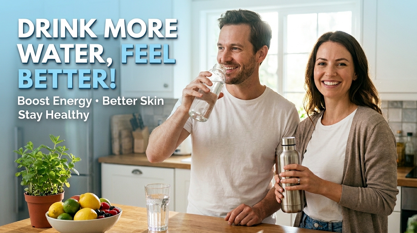 "Real man and woman drinking water from reusable bottles in a bright healthy setting with fresh fruits and the text 'Drink More Water, Feel Better!' highlighting the health benefits of staying hydrated."