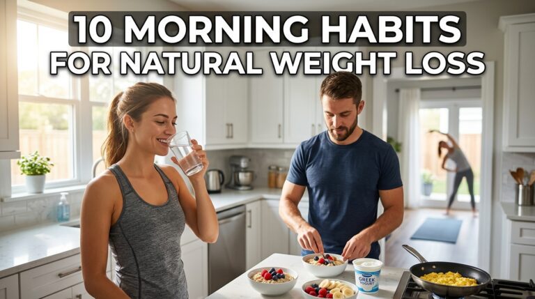 Realistic YouTube thumbnail showing a healthy man and woman following morning habits for natural weight loss, including drinking water, eating a high-protein breakfast, and stretching in a bright modern kitchen with natural sunlight. Text reads "10 Morning Habits for Natural Weight Loss".
