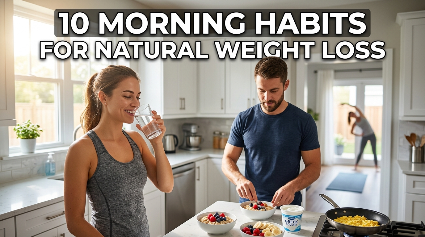 Realistic YouTube thumbnail showing a healthy man and woman following morning habits for natural weight loss, including drinking water, eating a high-protein breakfast, and stretching in a bright modern kitchen with natural sunlight. Text reads "10 Morning Habits for Natural Weight Loss".