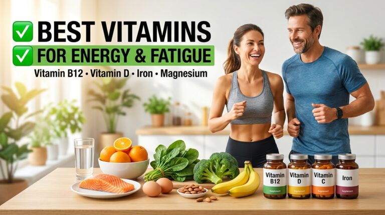 Healthy man and woman with energy-boosting foods and supplements including Vitamin B12, Vitamin D, Vitamin C, iron, salmon, eggs, oranges, spinach, and almonds, illustrating the best vitamins for energy and fatigue.