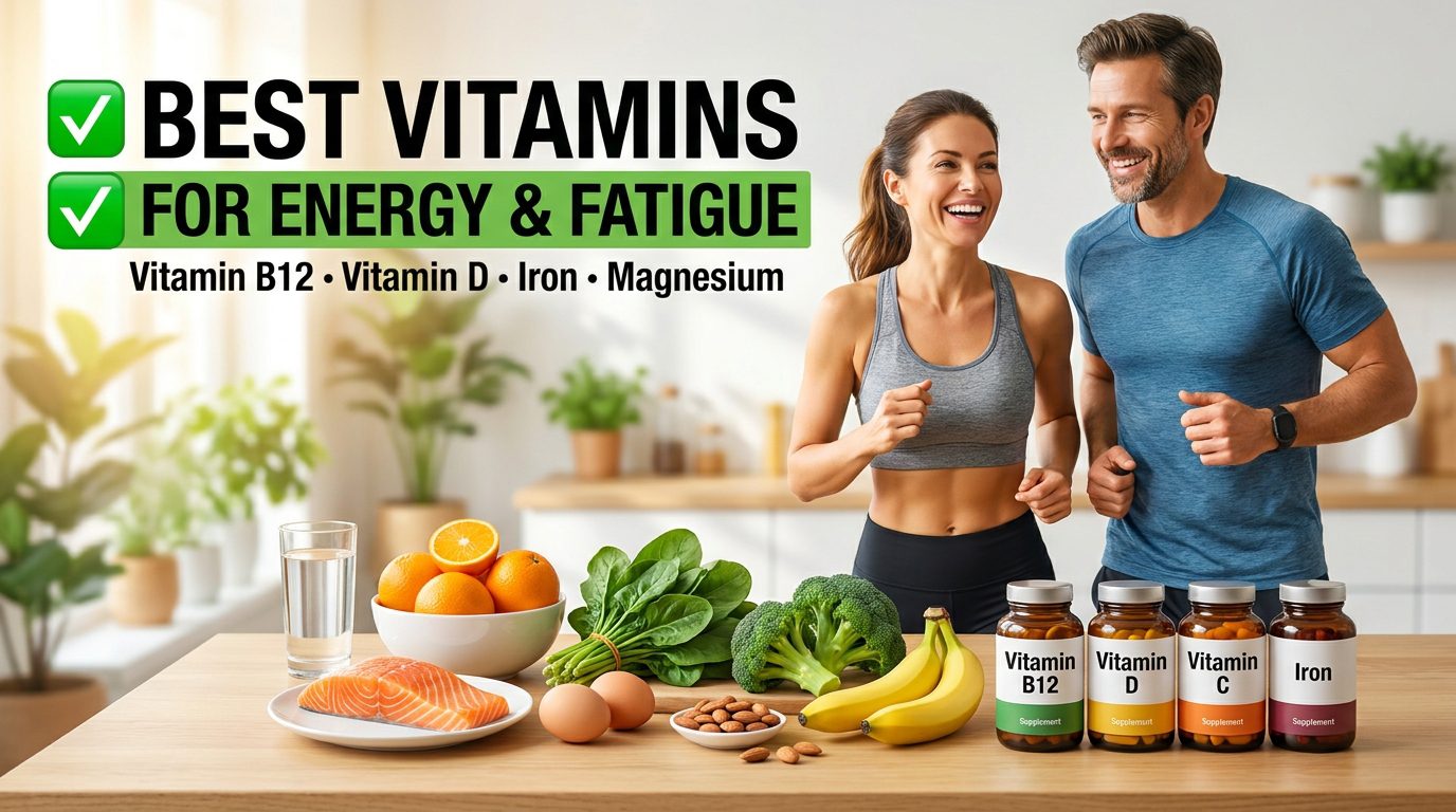 Healthy man and woman with energy-boosting foods and supplements including Vitamin B12, Vitamin D, Vitamin C, iron, salmon, eggs, oranges, spinach, and almonds, illustrating the best vitamins for energy and fatigue.