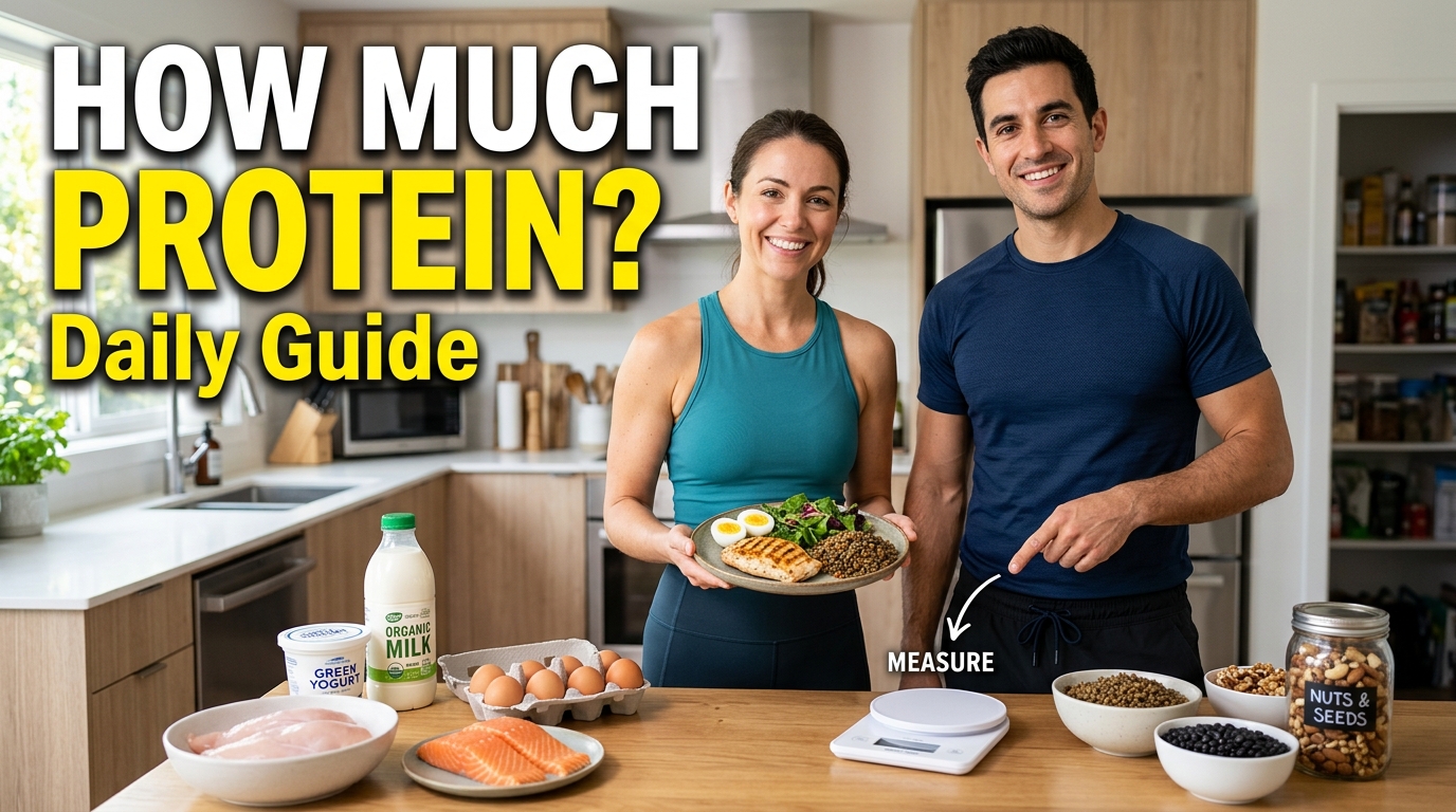 "How much protein do you need every day illustration featuring real people and healthy protein-rich foods for daily nutrition and fitness."