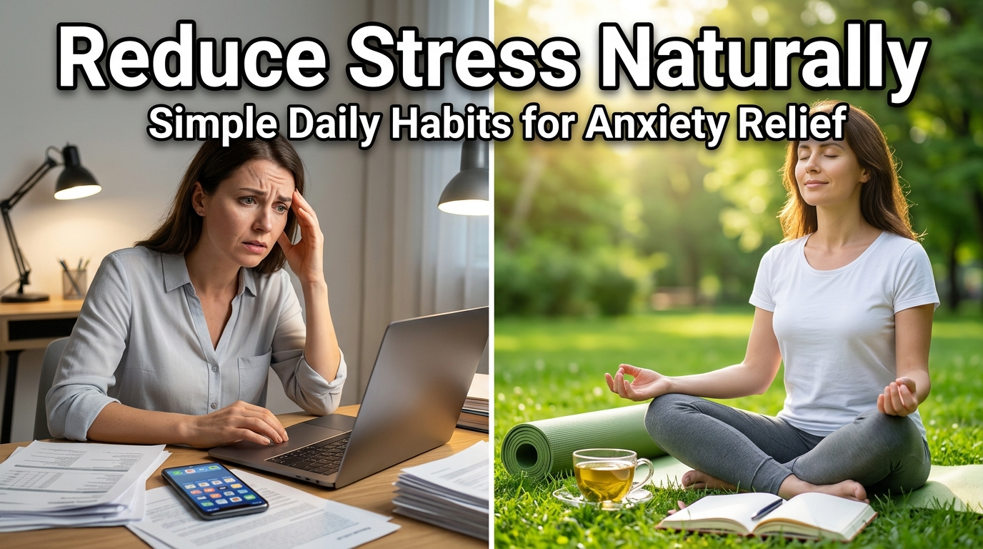 "YouTube thumbnail about natural ways to reduce stress and anxiety with a real person practicing mindfulness, deep breathing, and healthy relaxation habits."