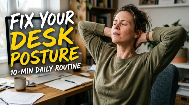 A professional woman stretching her neck and upper back at her desk, demonstrating a daily mobility routine for desk posture relief.