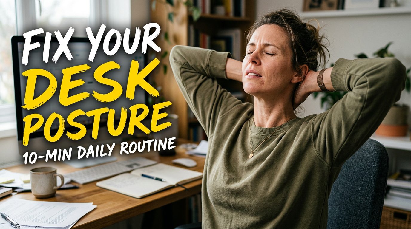 A professional woman stretching her neck and upper back at her desk, demonstrating a daily mobility routine for desk posture relief.