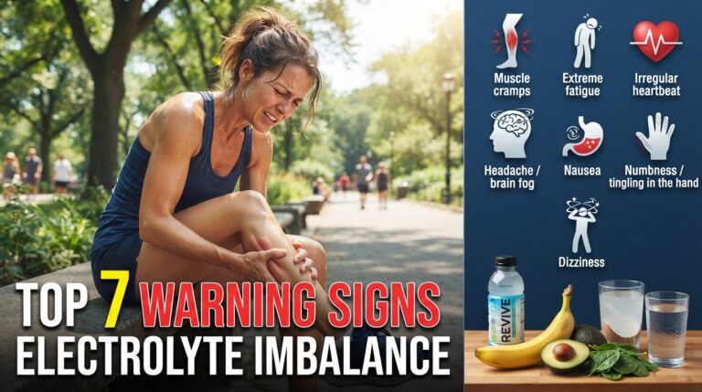 "Realistic YouTube thumbnail showing a dehydrated adult experiencing a painful muscle cramp during hot summer weather, with medical icons representing electrolyte imbalance symptoms including fatigue, irregular heartbeat, headache, nausea, numbness, and dizziness. Fresh banana, avocado, spinach, coconut water, electrolyte drink, and water highlight natural hydration. Bold text reads '7 Warning Signs Electrolyte Imbalance' for a health and wellness educational video."