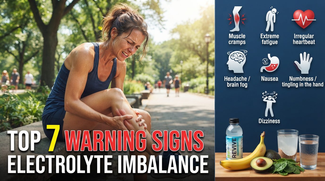 "Realistic YouTube thumbnail showing a dehydrated adult experiencing a painful muscle cramp during hot summer weather, with medical icons representing electrolyte imbalance symptoms including fatigue, irregular heartbeat, headache, nausea, numbness, and dizziness. Fresh banana, avocado, spinach, coconut water, electrolyte drink, and water highlight natural hydration. Bold text reads '7 Warning Signs Electrolyte Imbalance' for a health and wellness educational video."