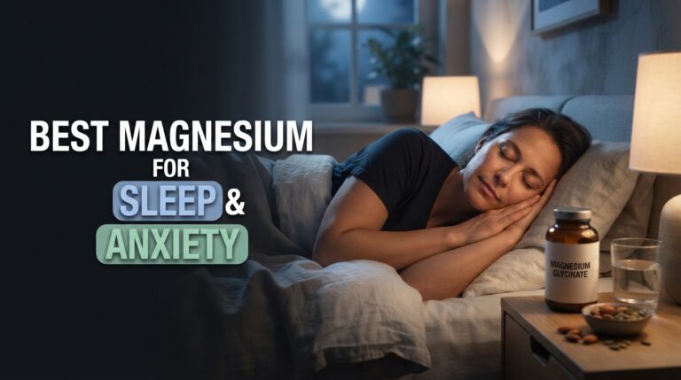 Best magnesium for anxiety and sleep YouTube thumbnail showing a real woman sleeping peacefully in bed with a magnesium glycinate supplement bottle, glass of water, almonds, pumpkin seeds, soft moonlight, and calming blue bedroom lighting, representing natural stress relief, relaxation, improved sleep quality, insomnia support, and nighttime wellness.
