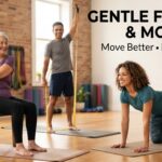 Gentle Fitness & Mobility thumbnail showing real adults of different ages performing stretching, yoga, and mobility exercises with resistance bands and yoga mats in a bright fitness studio, promoting flexibility, balance, joint health, and healthy aging.