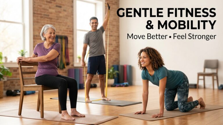 Gentle Fitness & Mobility thumbnail showing real adults of different ages performing stretching, yoga, and mobility exercises with resistance bands and yoga mats in a bright fitness studio, promoting flexibility, balance, joint health, and healthy aging.
