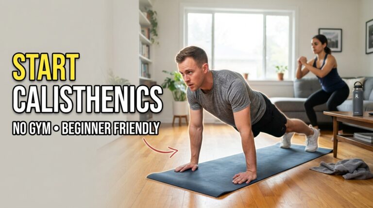 "Beginner performing a bodyweight push-up on a yoga mat at home while another person does bodyweight squats in a bright living room, demonstrating a calisthenics workout for beginners. Real people exercising without gym equipment to build strength, improve fitness, increase mobility, and start bodyweight training at home."
