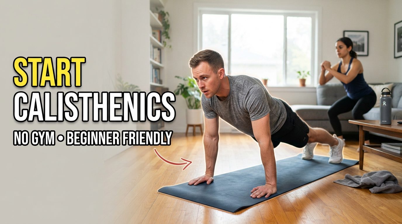 "Beginner performing a bodyweight push-up on a yoga mat at home while another person does bodyweight squats in a bright living room, demonstrating a calisthenics workout for beginners. Real people exercising without gym equipment to build strength, improve fitness, increase mobility, and start bodyweight training at home."