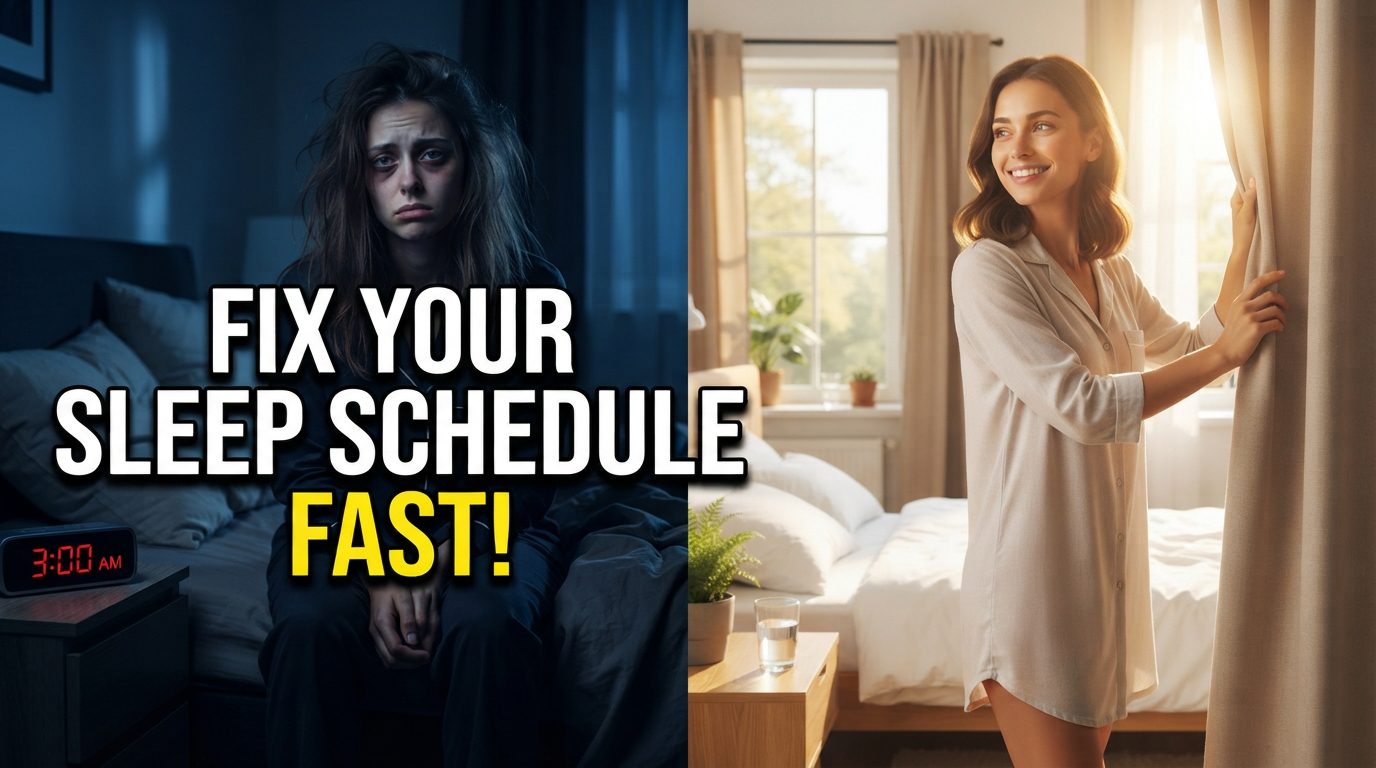 Person following a healthy morning and evening routine to fix sleep schedule fast using sunlight exposure and a relaxing bedtime environment.