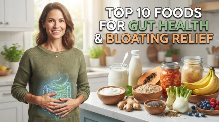 "Photorealistic YouTube thumbnail showing a real adult holding their stomach with healthy gut-friendly foods including yogurt, kefir, ginger, papaya, oats, kimchi, bananas, chia seeds, fennel, and berries beside them. A subtle medical digestive system illustration highlights gut health and bloating relief in a bright modern kitchen."