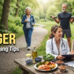 Photorealistic YouTube thumbnail showing active older adults exercising outdoors with a doctor and healthy foods including salmon, blueberries, leafy greens, nuts, and olive oil, representing longevity and healthy aging in a bright natural park setting.