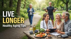 Photorealistic YouTube thumbnail showing active older adults exercising outdoors with a doctor and healthy foods including salmon, blueberries, leafy greens, nuts, and olive oil, representing longevity and healthy aging in a bright natural park setting.