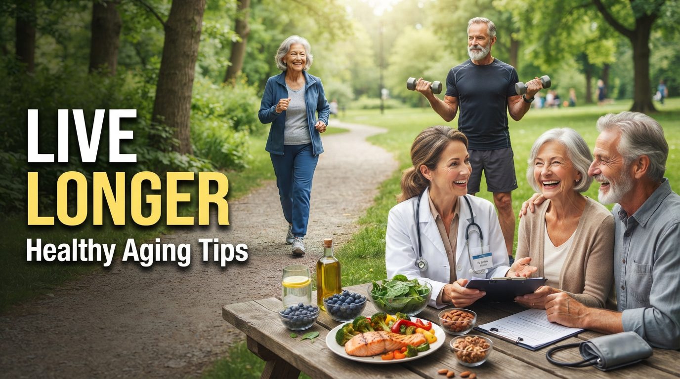 Photorealistic YouTube thumbnail showing active older adults exercising outdoors with a doctor and healthy foods including salmon, blueberries, leafy greens, nuts, and olive oil, representing longevity and healthy aging in a bright natural park setting.