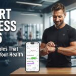 "Real man and woman wearing smart fitness watches while exercising in a modern gym, checking biometric health data including heart rate, HRV, sleep tracking, recovery score, and VO2 Max on a smartwatch and smartphone fitness app, representing AI-powered wearable technology and data-driven fitness in 2026."