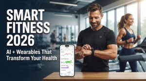 "Real man and woman wearing smart fitness watches while exercising in a modern gym, checking biometric health data including heart rate, HRV, sleep tracking, recovery score, and VO2 Max on a smartwatch and smartphone fitness app, representing AI-powered wearable technology and data-driven fitness in 2026."