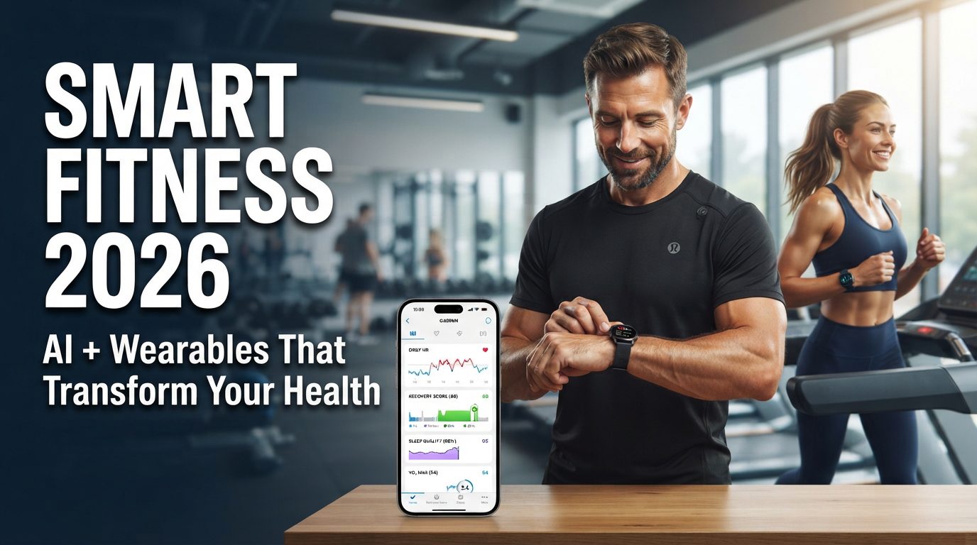 "Real man and woman wearing smart fitness watches while exercising in a modern gym, checking biometric health data including heart rate, HRV, sleep tracking, recovery score, and VO2 Max on a smartwatch and smartphone fitness app, representing AI-powered wearable technology and data-driven fitness in 2026."