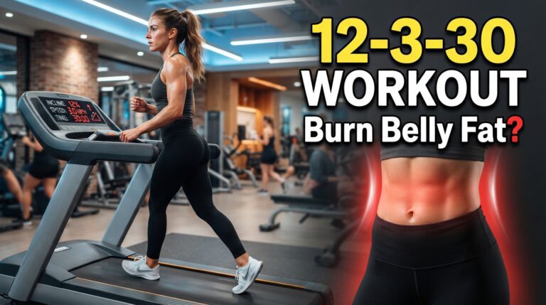 "A woman walking on a treadmill at a 12% incline and 3 mph in a modern gym during the 12-3-30 workout, demonstrating a low-impact cardio routine for weight loss, calorie burning, heart health, and overall fitness."